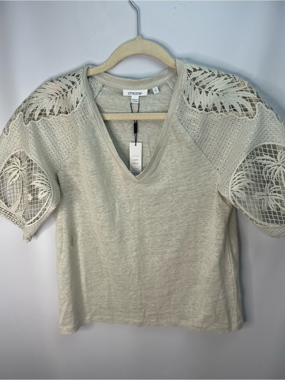 Chico's Cream Crochet-Sleeve V-Neck Tee - Picture 4 of 12